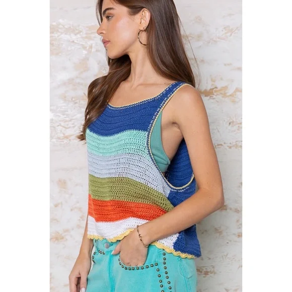 POL Blue Multi Striped Sleeveless Layering Sweater - Picture 8 of 11